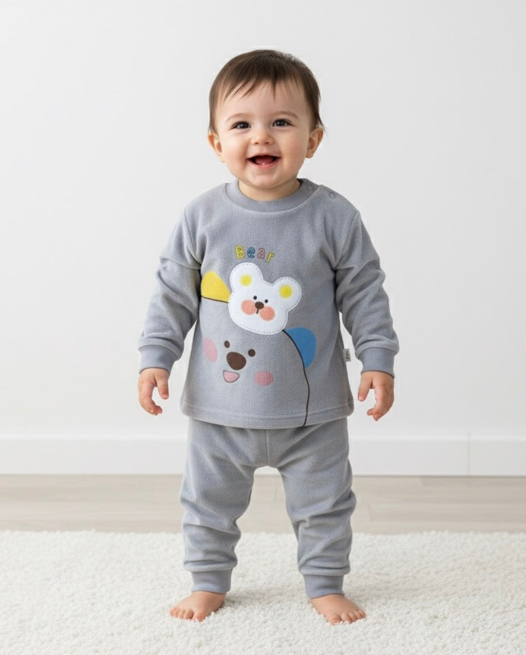 Boys Gray Soft Velvet Bear Print Co-Ord Set