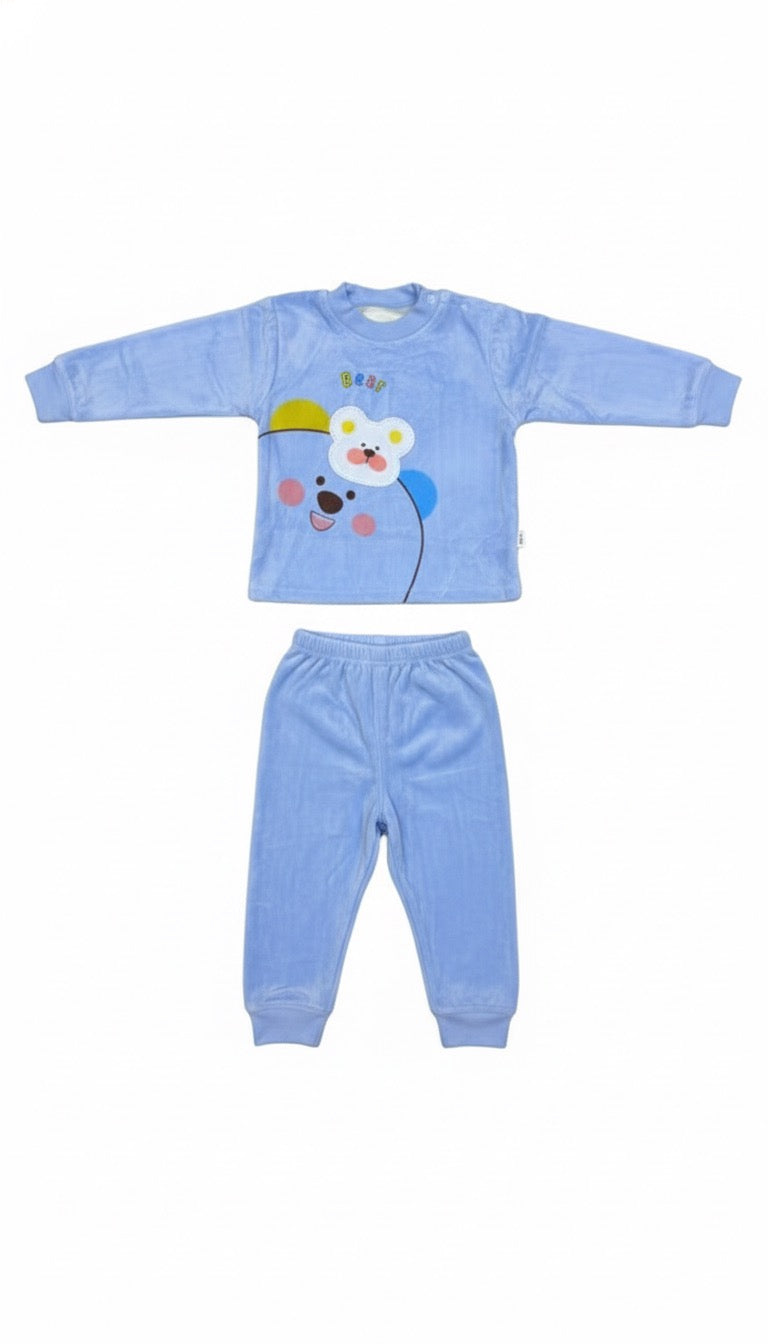 Boys Blue Soft Velvet Bear Print Co-Ord Set