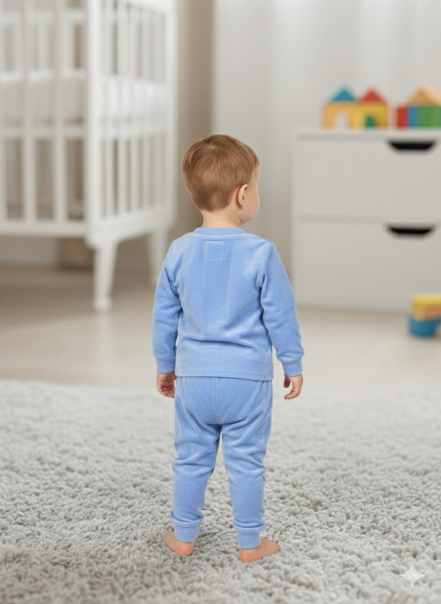 Boys Blue Soft Velvet Bear Print Co-Ord Set