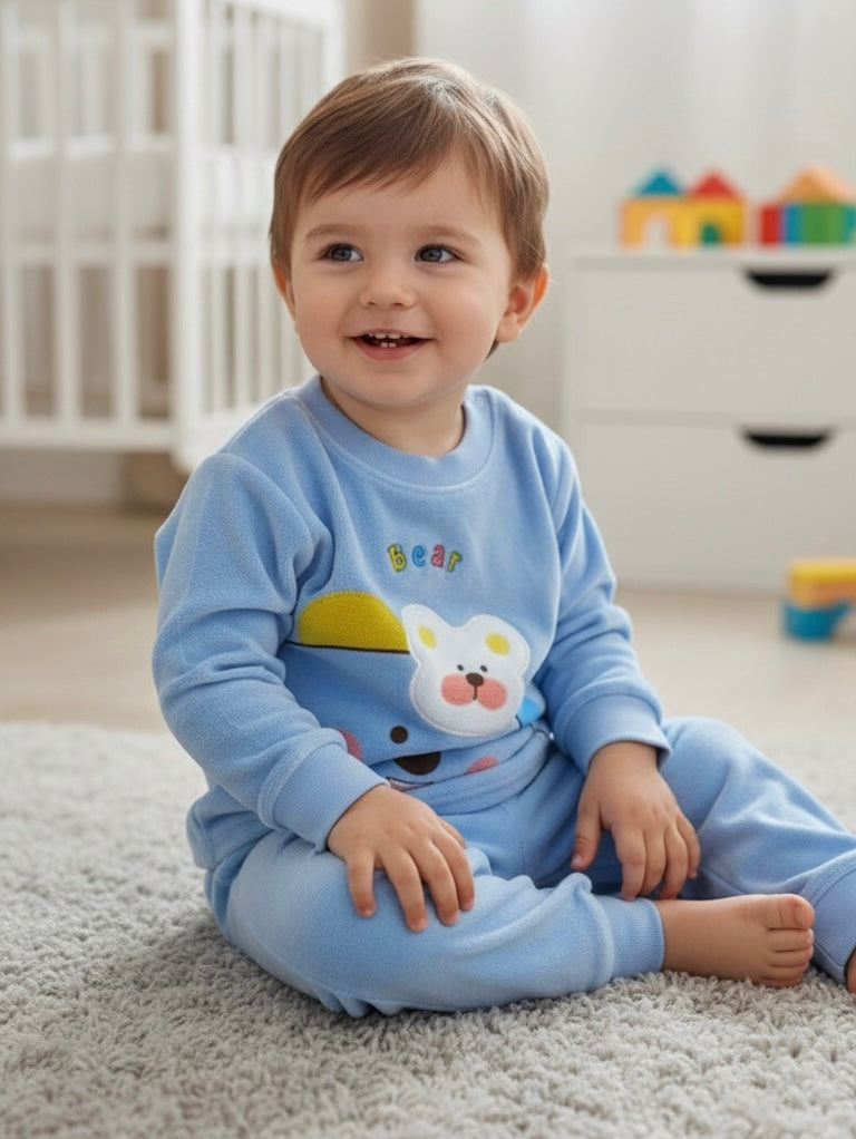 Boys Blue Soft Velvet Bear Print Co-Ord Set