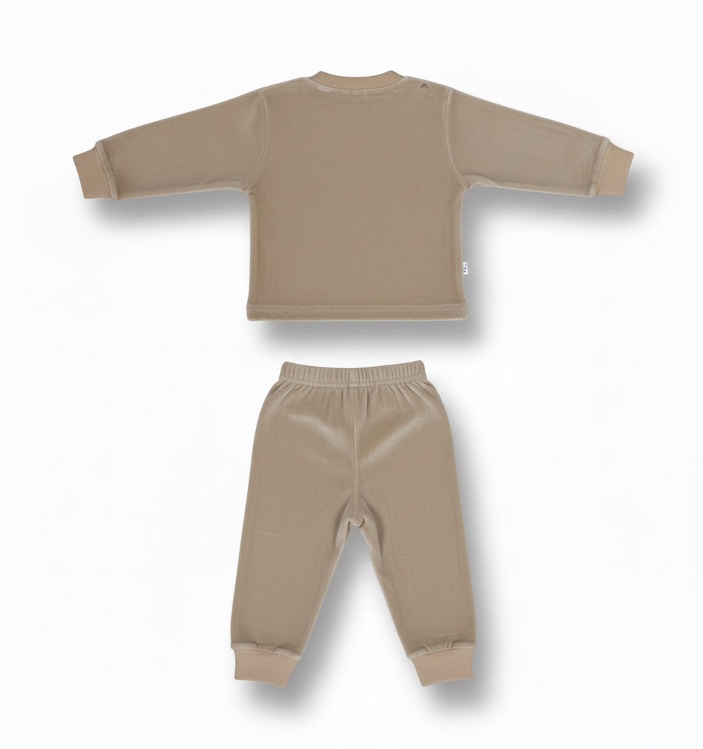 Boys Beige Soft Velvet Bear Print Co-Ord Set