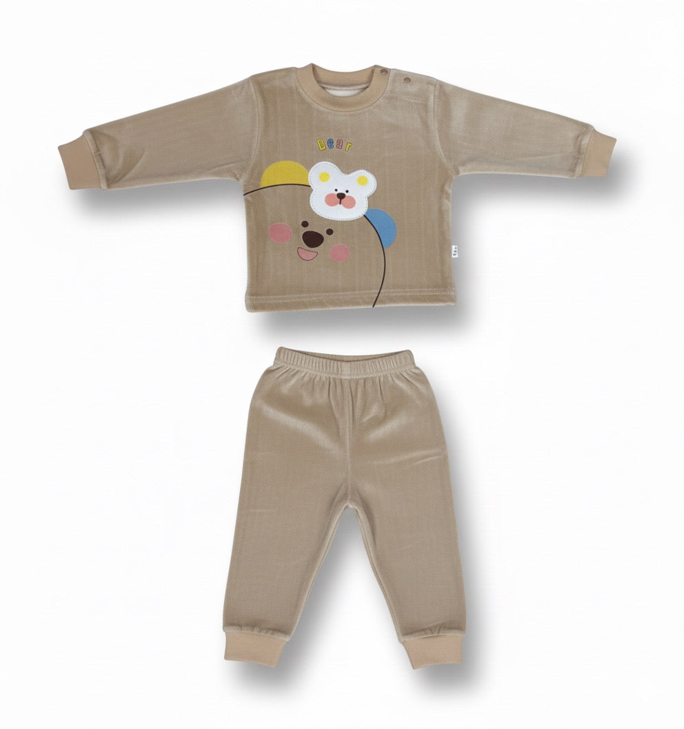 Boys Beige Soft Velvet Bear Print Co-Ord Set