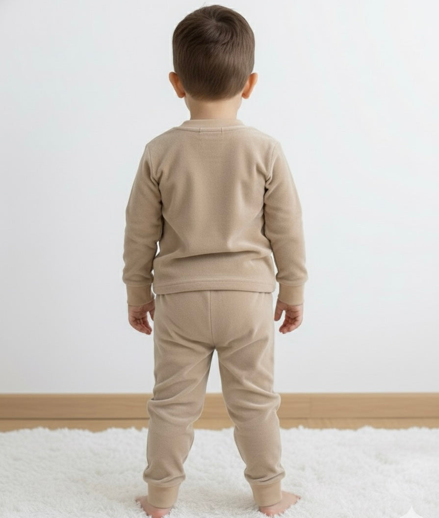Boys Beige Soft Velvet Bear Print Co-Ord Set